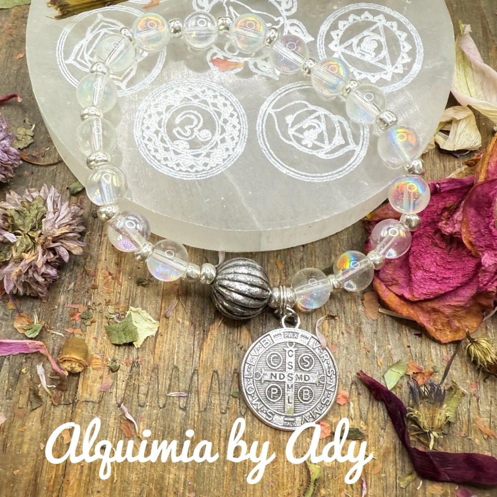 Alquimia Silver and Clear aura quartz Saint Benedict Bracelet